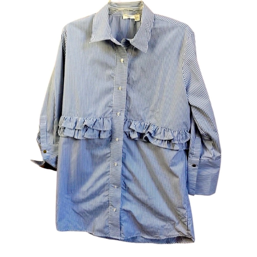 RIPE NEW Ruffle Striped Button Shirt Tunic Top Blouse Oversized Cotton Coastal M